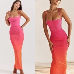 House of CB Calista Ombre Mesh Hot Pink Orange Flame Maxi Dress